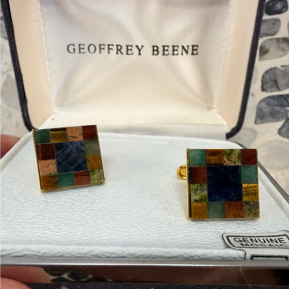 Vintage Geoffrey Beene Multicolor mosaic gemstone Cufflinks